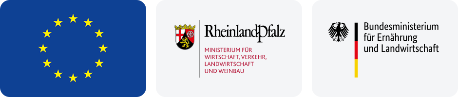 Logos: Europaflagge, Ministerium für Wirtschaft, Verkehr, Landwirtschaft und Weinbau Rheinland-Pfalz, Bundesministerium für Ernährung und Landwirtschaft